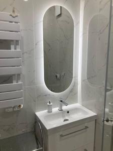 华沙Spacious Apt in heart of Warsaw的白色的浴室设有水槽和镜子