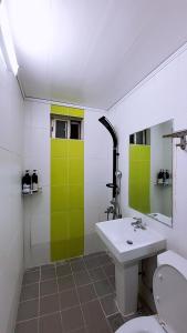 西归浦市PyoLi Guesthouse的浴室配有水槽和绿色卫生间。
