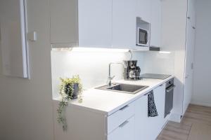 罗瓦涅米Snowflake Suites II的厨房配有白色橱柜和水槽