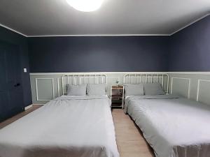 西归浦市PyoLi Guesthouse的卧室内两张并排的床