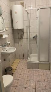 拉齐布日Kemping Obora的带淋浴、卫生间和盥洗盆的浴室