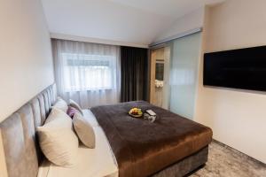 达布罗瓦古尔尼恰Hotel Pogoria Residence的一间酒店客房,配有一张大床和一台平面电视