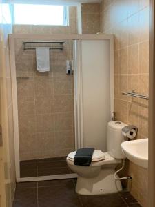 瓜埠Simfoni Resort Langkawi的浴室配有卫生间、盥洗盆和淋浴。