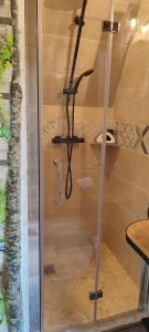 萨尔拉拉卡内达La cabane des amoureux的浴室里设有玻璃门淋浴