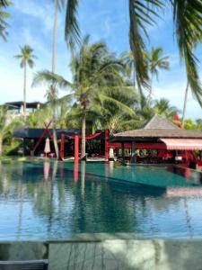 象岛Sunrise Beach Villa的棕榈树和建筑的海水游泳池