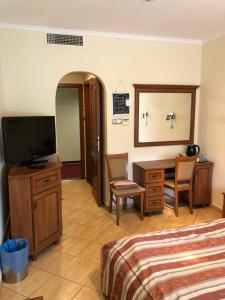 AjkaHotel Ajka 1的酒店客房配有一张床、一张书桌和一台电视。