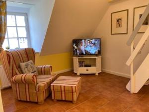 弗里克苏姆Strandperle Herrenhof的客厅配有两把椅子和电视