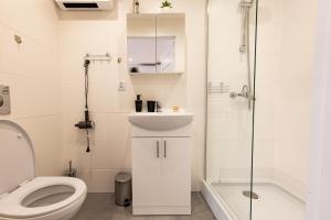 米科瓦伊基Agamim Apartments的浴室配有卫生间、盥洗盆和淋浴。