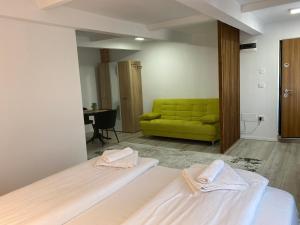 比斯特里察Wonderland apartment的客房设有两张床和一张绿色沙发。