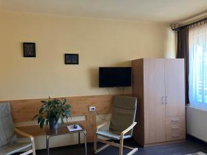 萨尔瓦尔Adél Apartman的客厅配有两把椅子、一台电视和橱柜