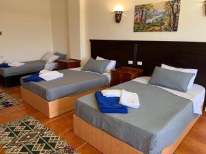马萨阿拉姆Deep Ashri Star House Hotel的一间设有三张床的客房,配有蓝色毛巾