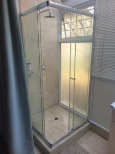 约翰内斯堡Eden Guesthouse的浴室里设有玻璃门淋浴