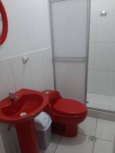 伊基托斯Alojamiento Casa Grande的一间带红色卫生间和红色盥洗盆的浴室