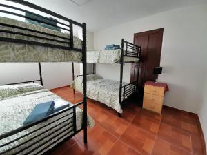 阿雷基帕AKAO HOUSE的客房设有三张双层床,铺有木地板。