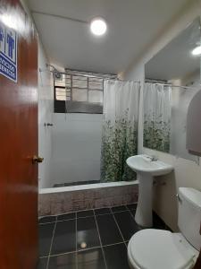 阿雷基帕AKAO HOUSE的带淋浴、卫生间和盥洗盆的浴室