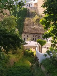 塞特尼尔Casa Cueva Un Rincón en la Roca的山旁的河桥