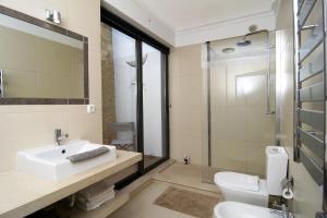 塞勒玛Casa Sereia Praia的一间带水槽、卫生间和淋浴的浴室