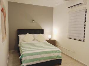 圣胡安Urban Lodgings Two @ Roosevelt 457的一间卧室配有一张带绿色和白色毯子的床