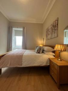 格拉斯哥Luxury Victorian spacious flat的一间卧室设有一张大床和一个窗户。