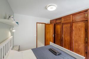 桑蒂亚戈德尔泰德One-bedroom with views of Los Gigantes的一间卧室配有木制橱柜和一张带蓝色毯子的床。
