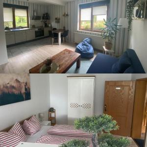 PenigFerienwohnung Shakira的客厅和厨房的两张照片