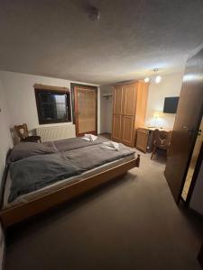 基希海姆Hotel Erfurter Kreuz的一间卧室配有一张大床和一张书桌