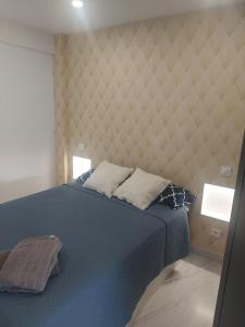桑坦德Apartamento JARDIN DELUZ, con Wifi y Parking privado gratis的一间卧室配有蓝色的床和两个枕头
