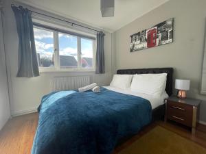 奥尔德伯里FilmonHomes的一间卧室配有一张带蓝色毯子的床和窗户。