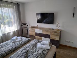 不来梅港Ferienhaus Eckernfeld Bremerhaven的一间卧室配有一张床,墙上配有电视