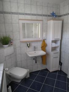 不来梅港Ferienhaus Eckernfeld Bremerhaven的一间带卫生间和水槽的浴室
