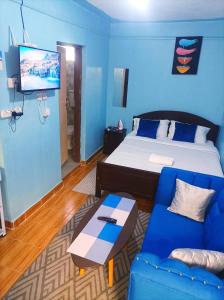 奈瓦沙Devine Studio in Naivasha Town的一间卧室配有一张床、一张沙发和一台电视。