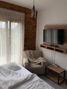 扎布利亚克Apartmani 1490的卧室配有床、椅子和平板电视。