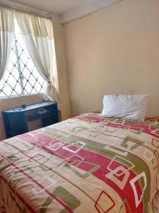 洛哈Acogedor departamento的一间卧室配有一张带床罩的床和窗户