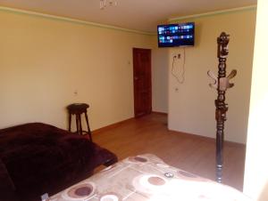 科帕卡巴纳Wayky's Club and Hostal的卧室配有一张床,墙上配有电视。