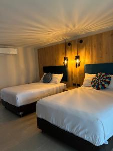 里奥阿查GUAJIRA CASA DEL MAR的配有白色床单的酒店客房内的两张床