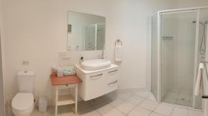 林肯港阿特公寓的浴室配有卫生间、盥洗盆和淋浴。