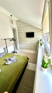 卡缅涅茨-波多利斯基Чудові апартаменти «D.I.M.» в Старому місті的一间卧室设有一张绿色的床和一个窗户。