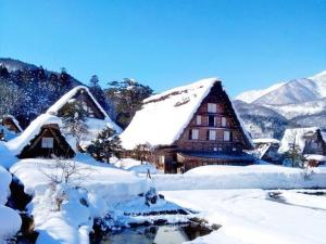 白川村Oyado Yunosato的山地雪覆盖的房子
