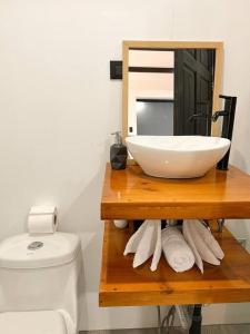 蒙泰韦尔德哥斯达黎加Calma, Monteverde - Expect Serenity Here的浴室设有盥洗盆和卫生间旁的镜子