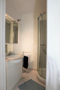 圣拉斐尔Appartement T3 plein centre的一间带水槽和玻璃淋浴的浴室
