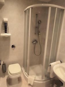 奥洛穆茨特里尼蒂酒店的带淋浴、卫生间和盥洗盆的浴室