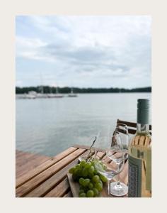 文戈热沃Port Sztynort的一瓶葡萄酒和葡萄在水边的桌子上