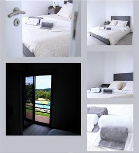 特兰科苏Trancoso Ecohouse的一张带两张床的卧室的照片拼在一起