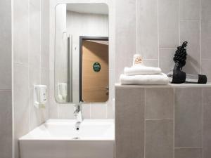 什未林B&B Hotel Schwerin-Süd的一间带水槽和镜子的浴室