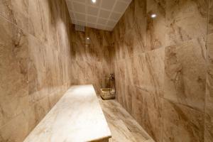 伊斯坦布尔Istanbul Nova Hotel的一间带卫生间和石墙的浴室
