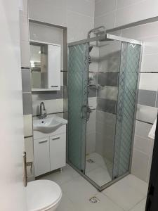 塞尔丘克Nobel Boutique Hotel的带淋浴、卫生间和盥洗盆的浴室