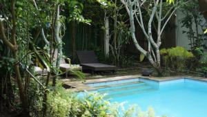 日惹Yoga Lover的花园内的游泳池,花园内种有长凳和树木