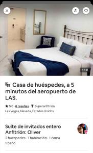 拉斯维加斯Guest House , 5 min away from LAS Airport.的一张带蓝色毯子的床的卧室的海报