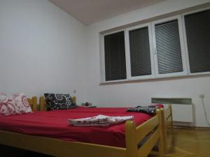 斯科普里SKOPJE REKORD APARTMENT的一间卧室配有一张红色床单和两个窗户。