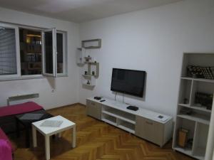 斯科普里SKOPJE REKORD APARTMENT的一间客厅,在白色的墙上配有电视